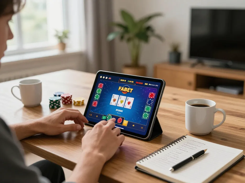 Engaging player enjoying FABET online gambling on tablet in a cozy home setting