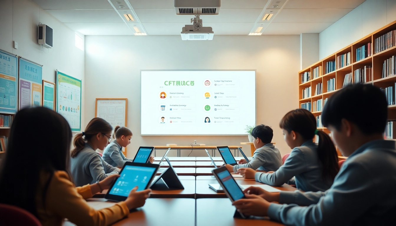 Modern digital learning environment featuring 有道 translation tools with students using tablets and laptops.