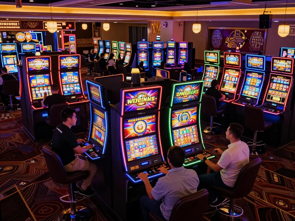 Players enjoying slot gaco in a lively casino, colorful machines and festive atmosphere visible.