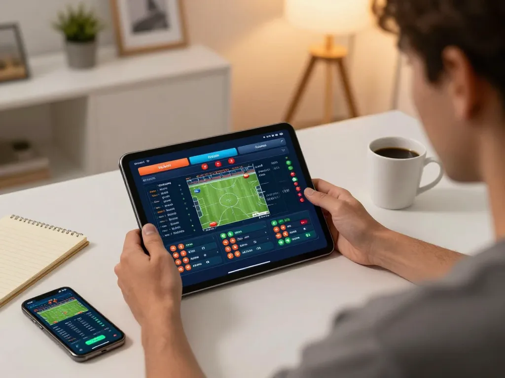 Engaging sports betting moment with LODE88 on a tablet, analyzing stats and placing bets.