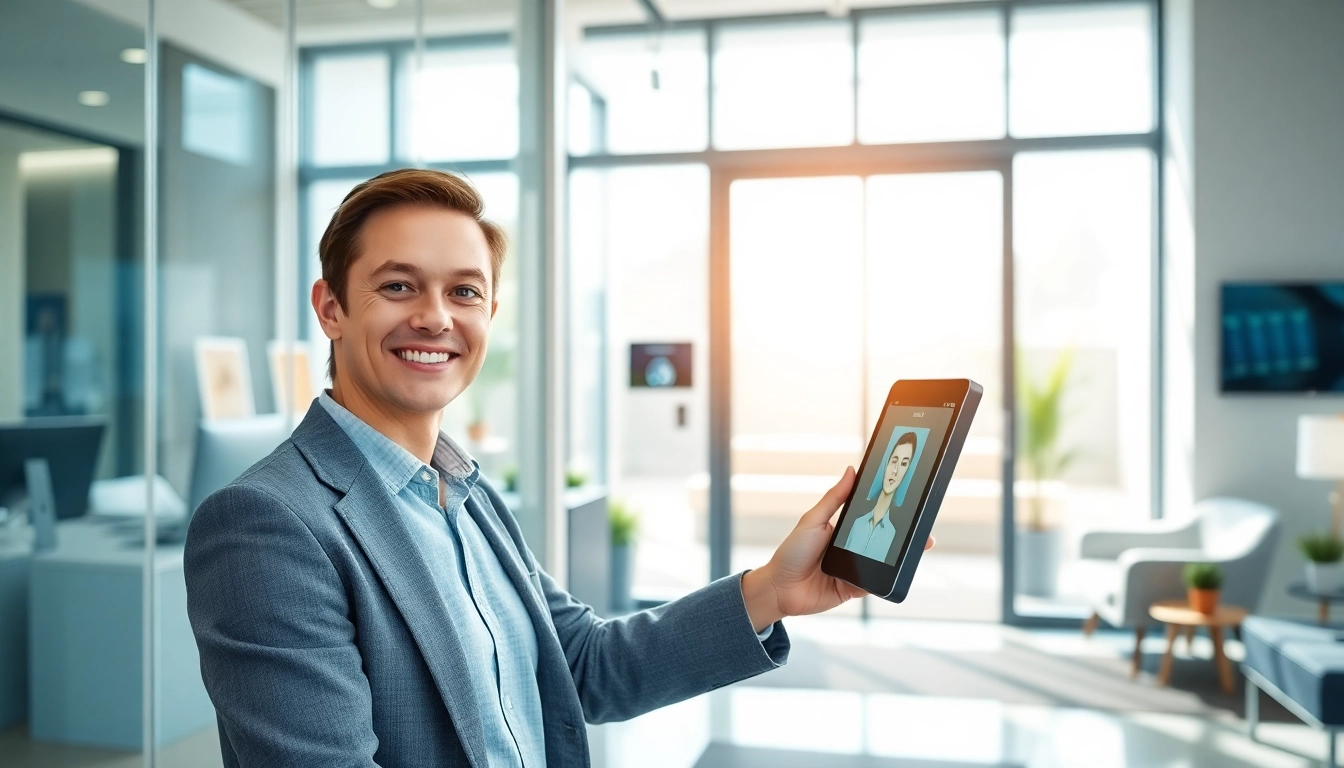 Facial recognition attendance system in a modern office entrance with smiling employee at the interface.