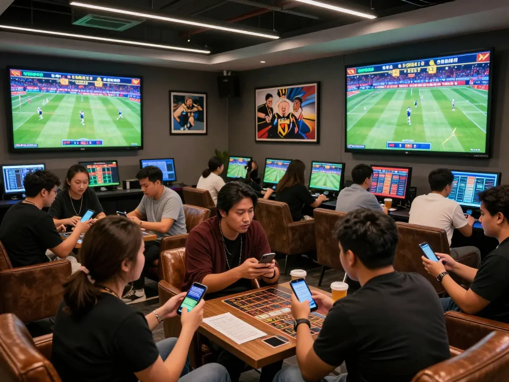 Engaging scene showcasing LINK VUA88 where patrons passionately place sports bets in a stylish lounge.