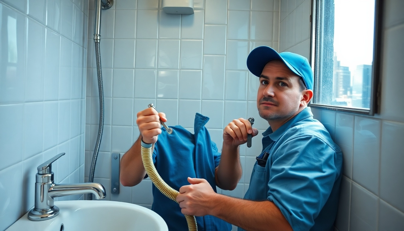 Emergency plumbing help for sewer backup showing a plumber fixing a bathroom issue in NYC.