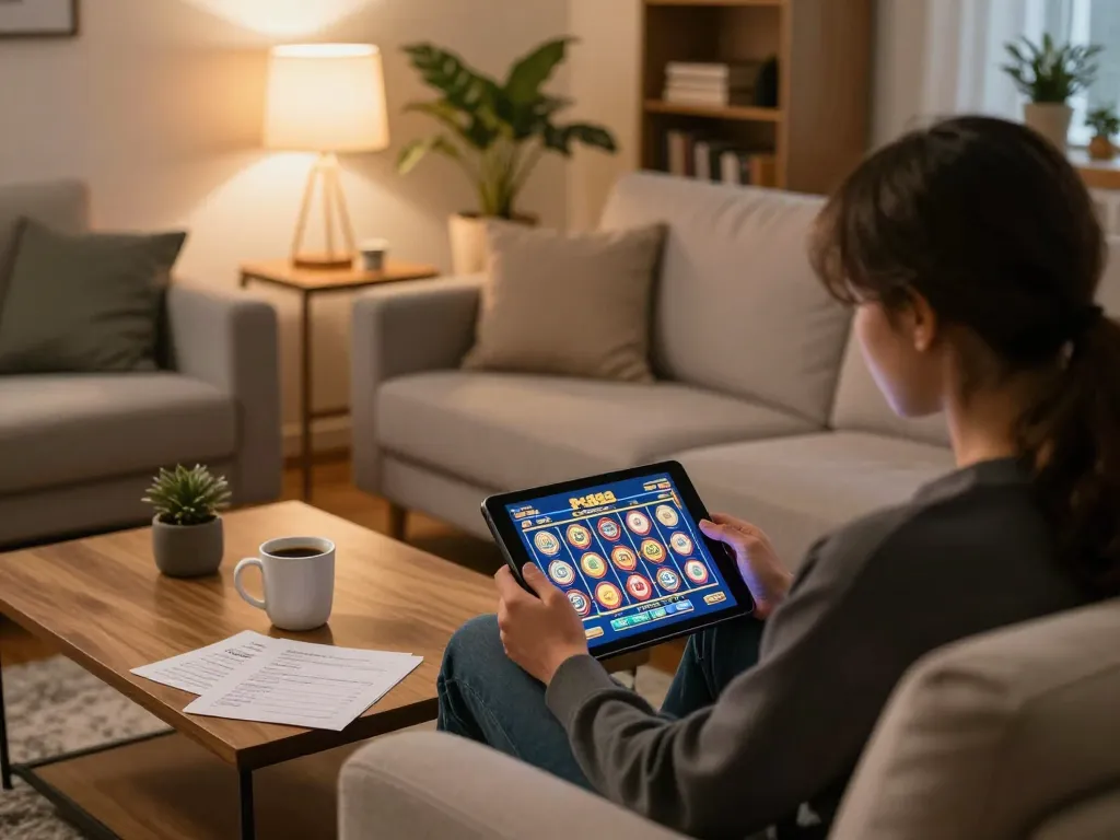 Engaging in online slots at PG88 while sitting comfortably at home, showcasing strategy and fun.