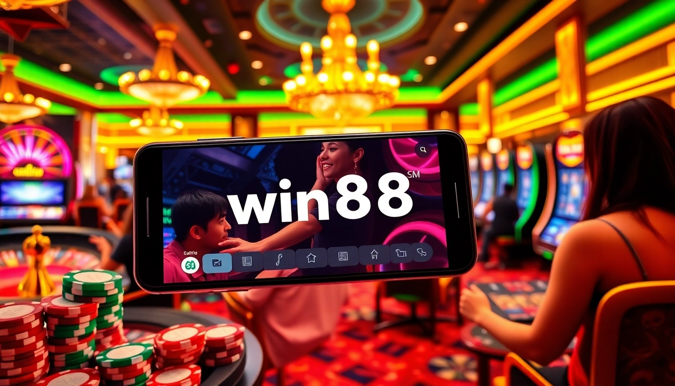 Experience thrilling gaming action at win88.com, featuring vibrant slot machines and poker chips.
