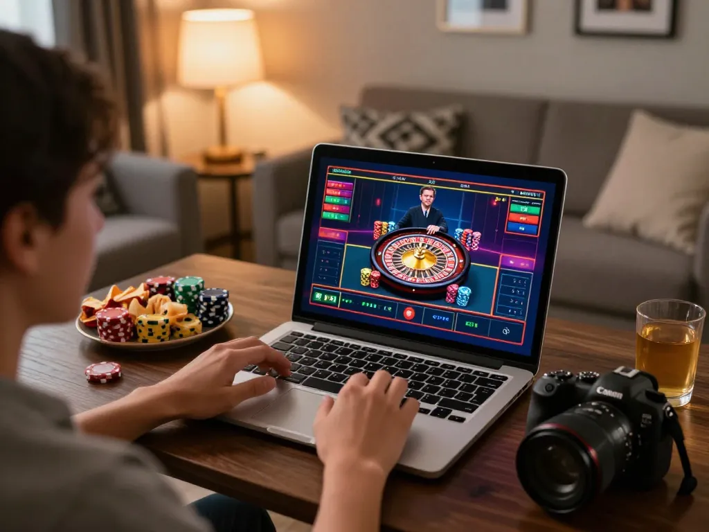Engaging in NK88 online casino gameplay on a laptop with colorful roulette interface