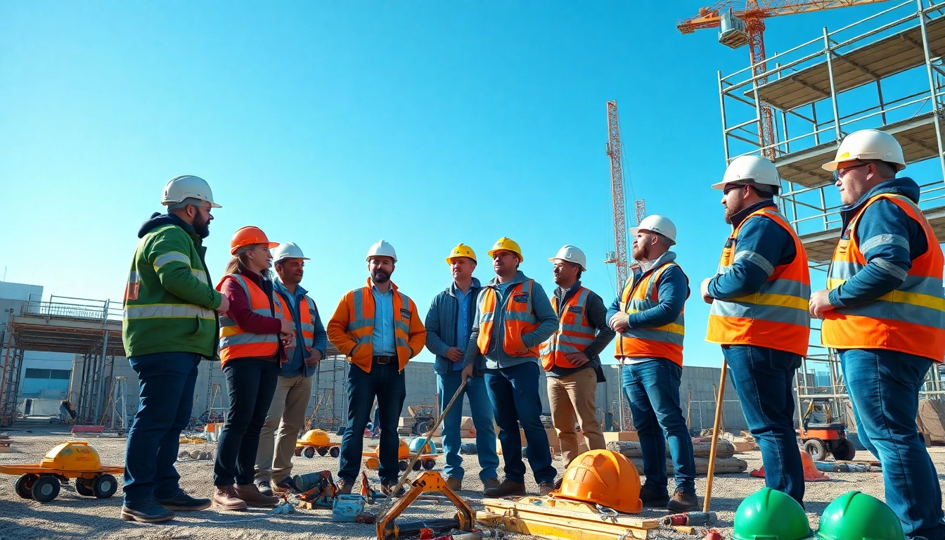 Construction safety programs discussed by diverse workers during a meeting at a job site.