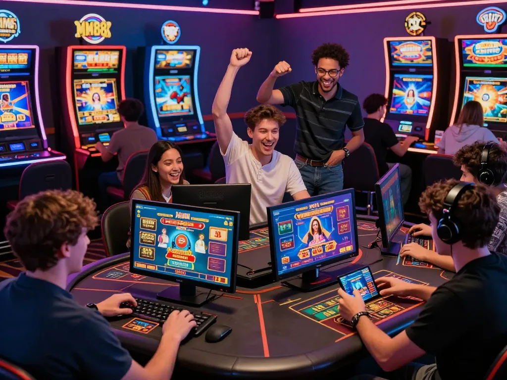 Excited players enjoying MM88 online casino games on modern devices in a vibrant virtual environment.