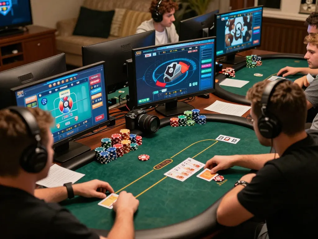 Players engaged in dynamic online poker at TK999 with colorful chips and cards visible