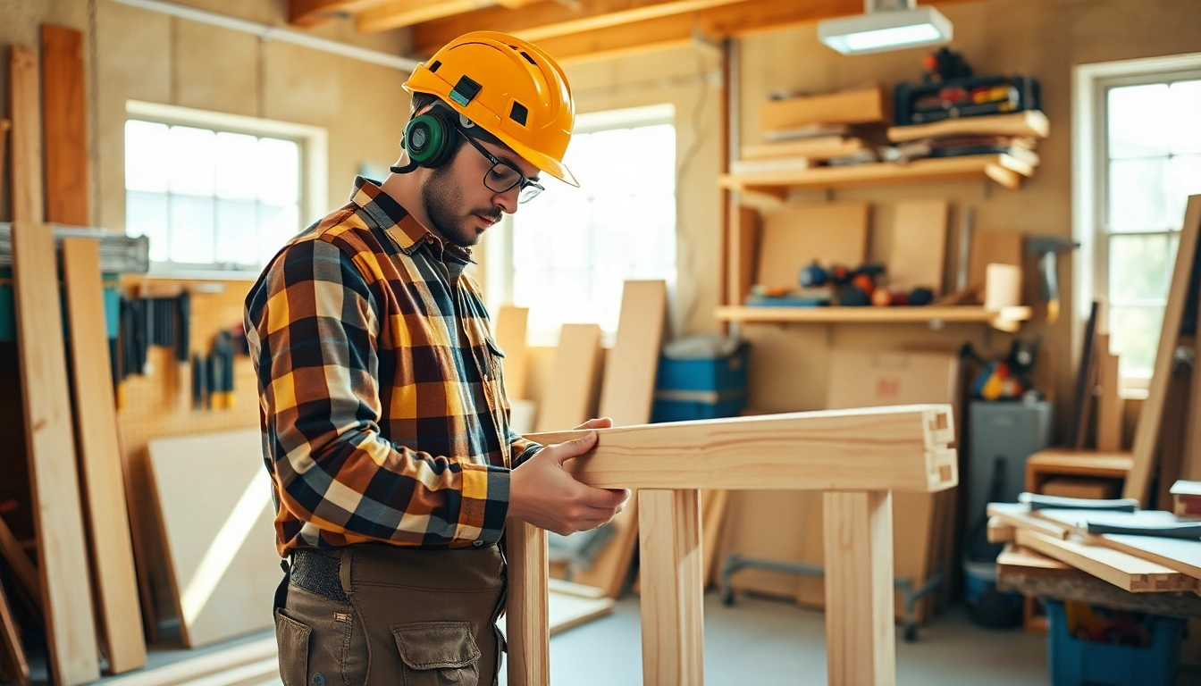 Carpentry apprenticeship in a bright workshop, showcasing a professional carpenter crafting with precision.