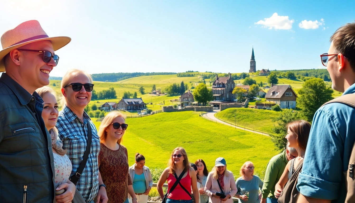 Engaging group on Clarksburg tours in the scenic countryside with vibrant landscapes.
