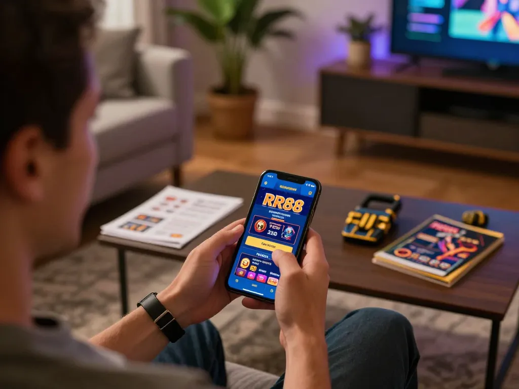 Engaging gameplay on the RR88 app in a cozy home setting, highlighting a strategic approach to online gambling.