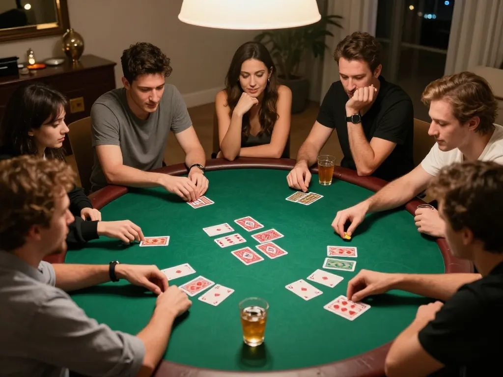 Engaging poker game among friends at home, highlighting vipwin gaming strategies in a relaxed atmosphere
