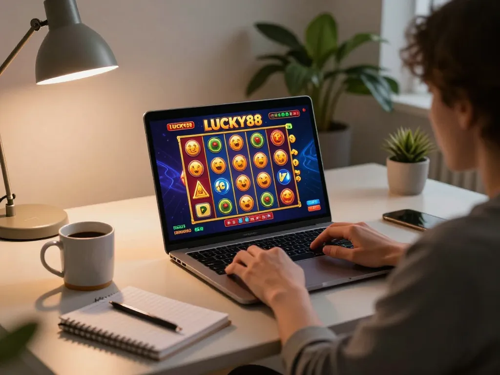 Engaging gameplay of LUCKY88 slot game on a laptop with cozy home setup.