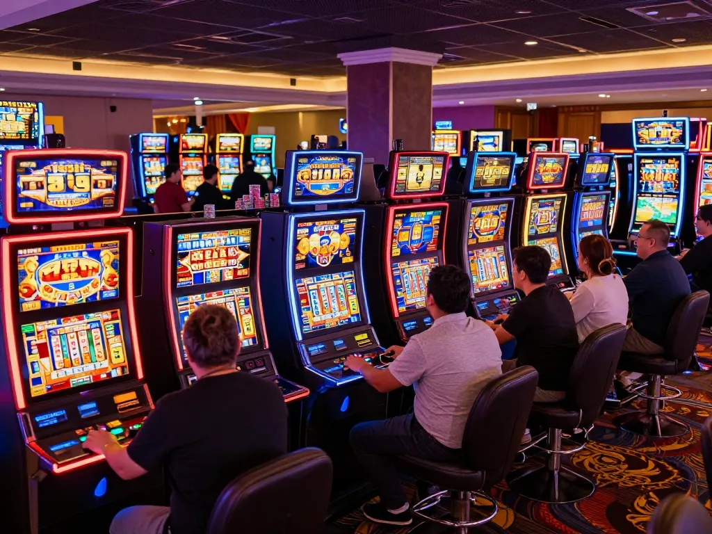 Players engaging with slot 10k machines in a lively casino atmosphere, vibrant neon lights and dynamic gameplay