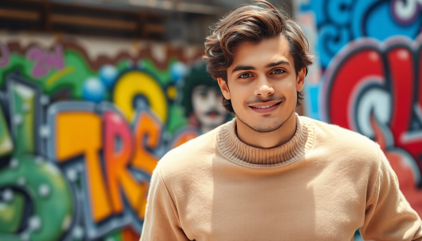 Showcasing a stylish blank crewneck on a model against an urban backdrop.