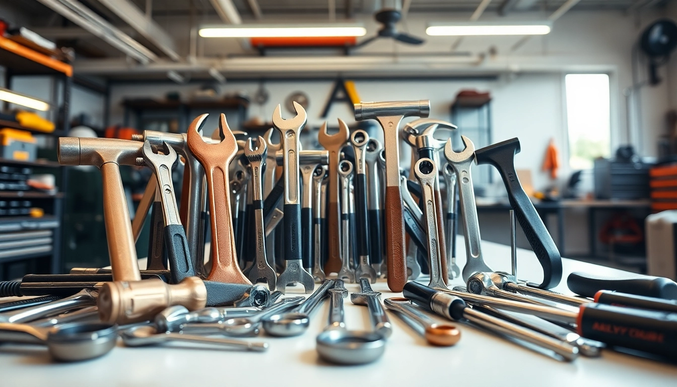 A collection of AMPCO safety tools highlighting non-sparking features in a professional workshop setting.