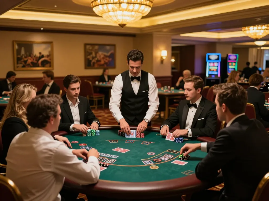 Engaging blackjack gameplay at https://tip88.buzz/ in a luxurious casino setting with stylish players and a professional dealer.