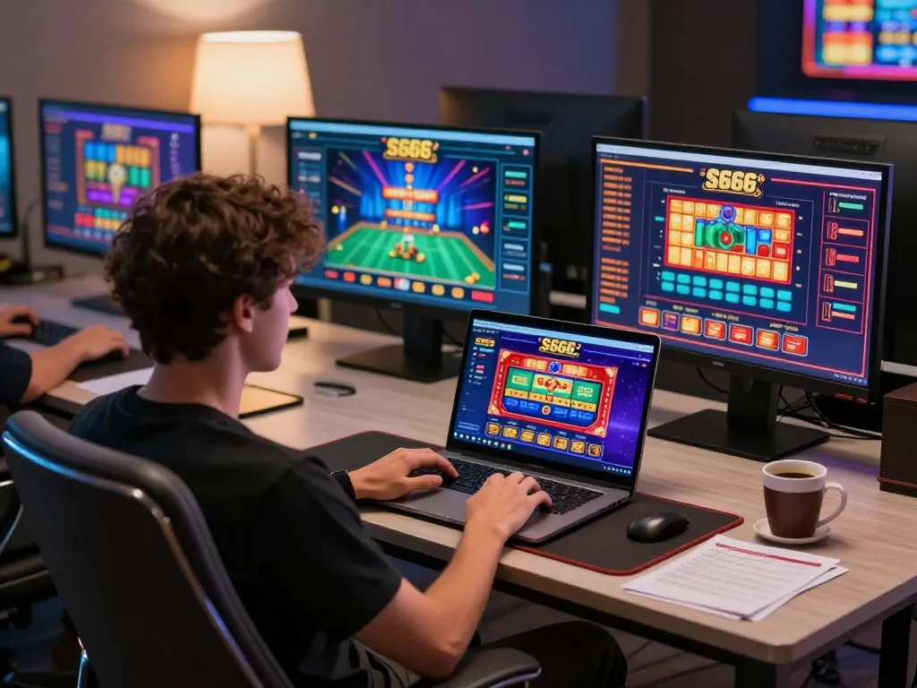 S666.com online gaming setup with vibrant casino interface and strategic notes.