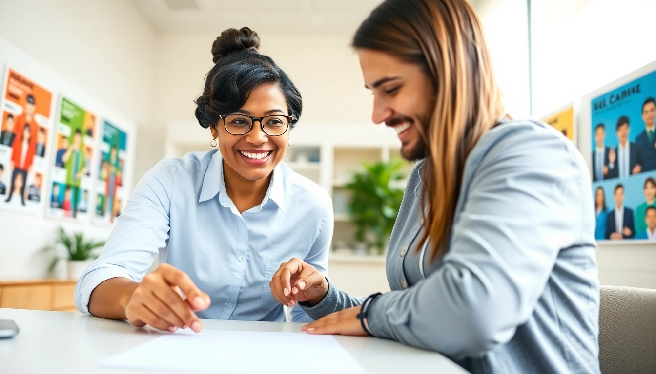 Mentor assisting someone to find their ideal career in a vibrant office setting.