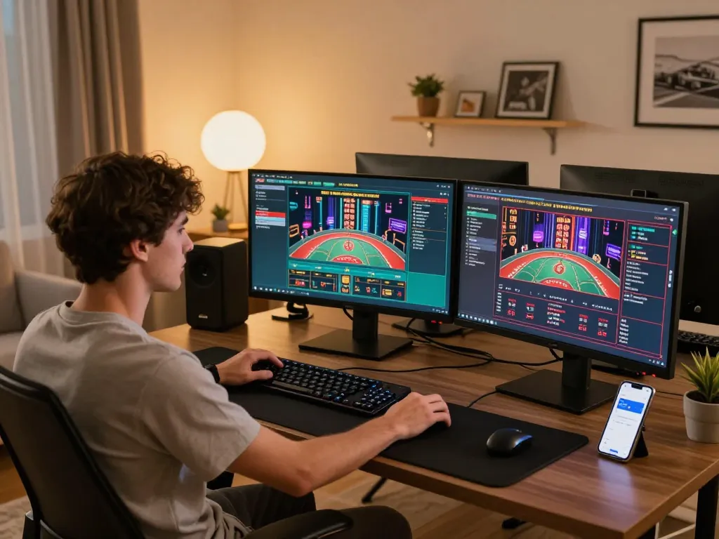 Engaged player explores gaming options at https://hd88.london/ using multiple screens and responsible strategies