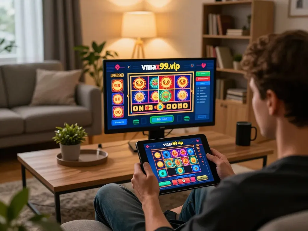 Engaging in online slot games on https://vmax99.vip/ in a cozy living room setting, showcasing a fun and relaxed atmosphere.