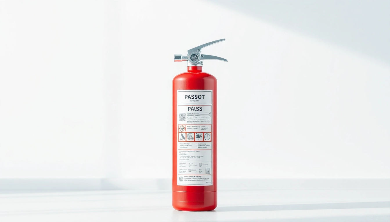 Inspecting a pass fire extinguisher displayed in a modern setting with clear labeling.