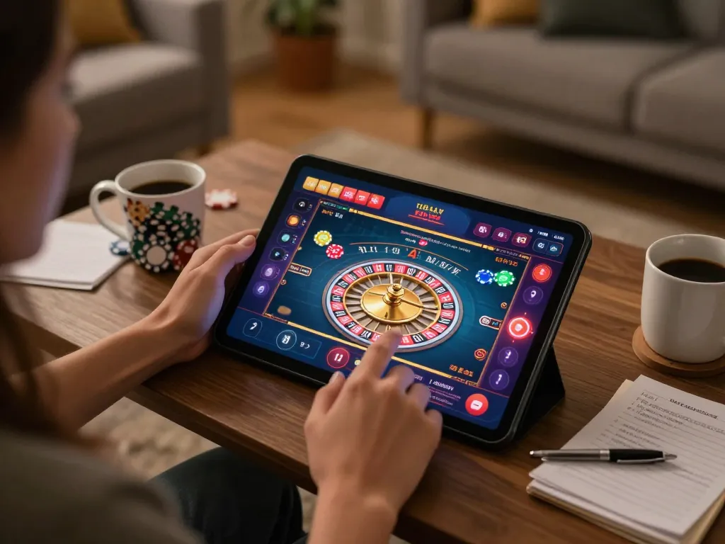 Duitgini user engaging in online roulette game at home, showcasing immersive gaming ambiance