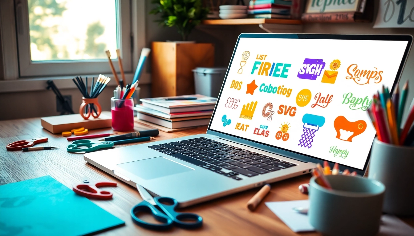 Showcasing free SVG designs with vibrant templates on a craft desk, inviting creativity.