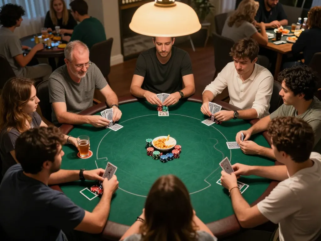 Players strategizing in a friendly poker game at home with CM88 atmosphere, capturing competitive spirit and camaraderie.
