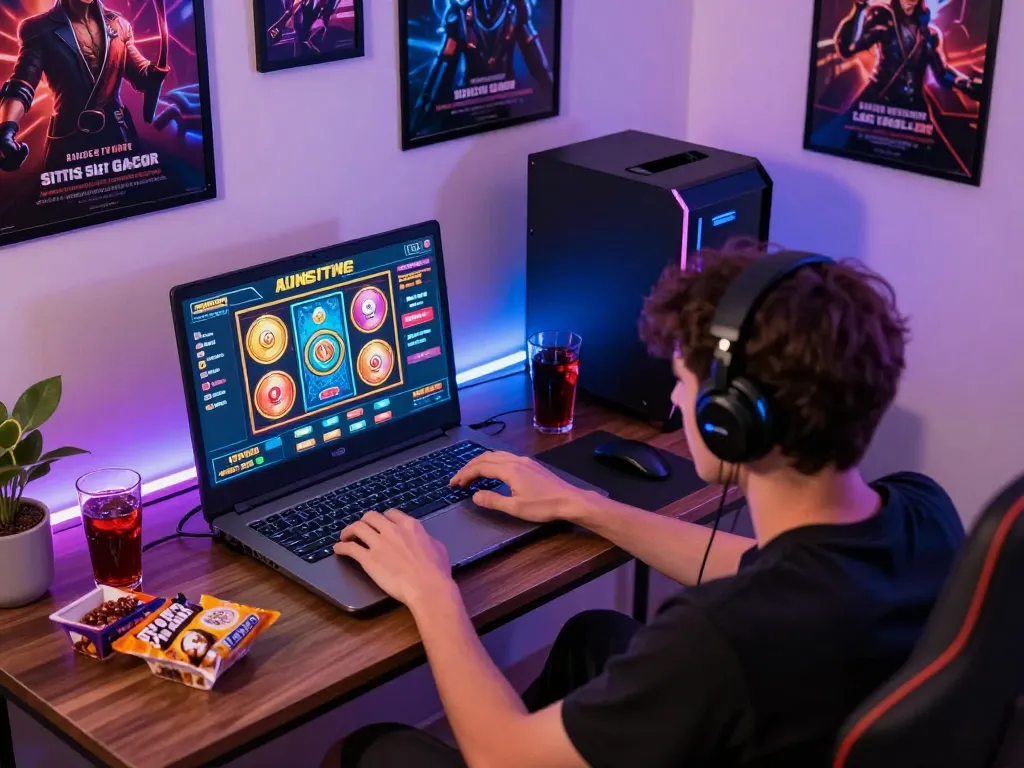 Engaged player enjoying situs slot gacor at home during online gaming session.