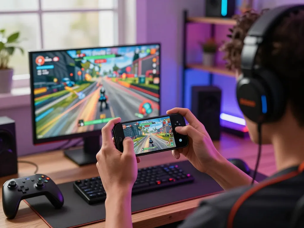 Player immersed in 33win mobile game adventure with vibrant graphics and gaming setup.