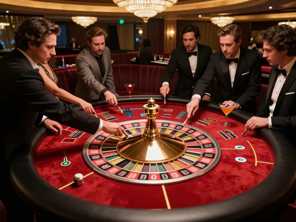FIVE88 players engaging intensely at a high-stakes roulette table, with a croupier spinning the wheel.