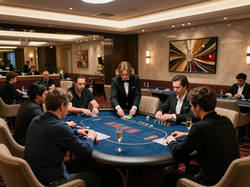 RR88 VIP players enjoying high-stakes poker in an elegant casino setting with luxurious decor.