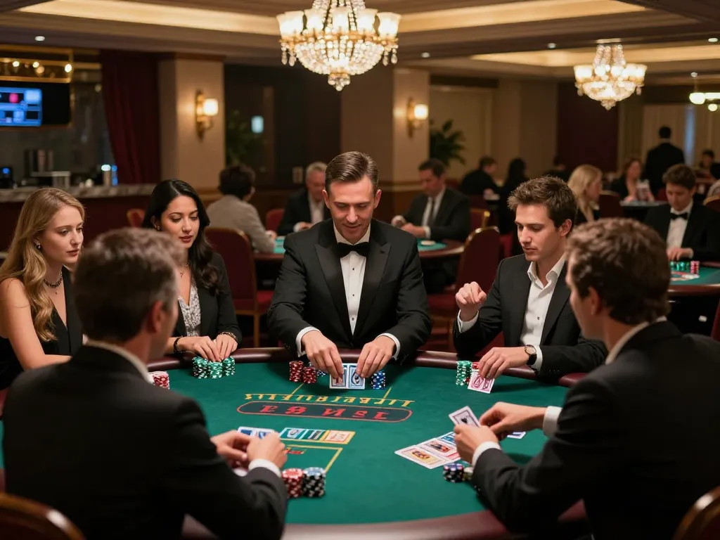 OPEN88 players strategizing in a live blackjack game, showcasing intense gameplay and casino elegance.