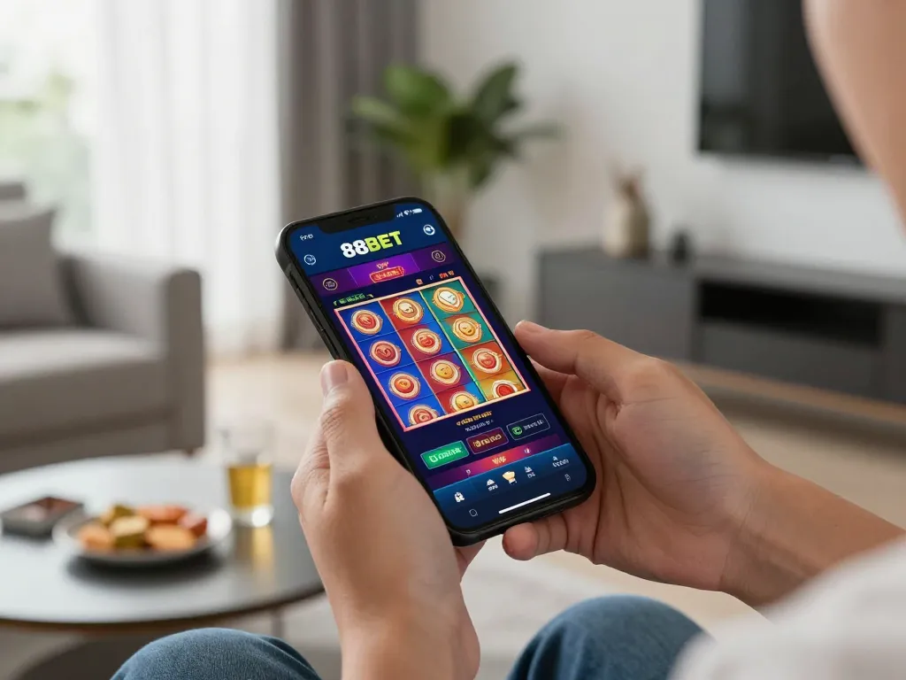 Engaging with the 88BET app while enjoying casual gaming at home with snacks and drinks