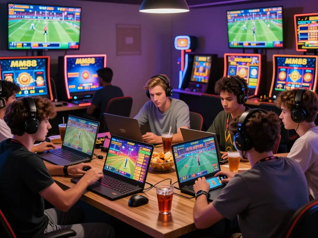 Friends enjoying MM88 gaming platform on smartphones and laptops in a vibrant setting.