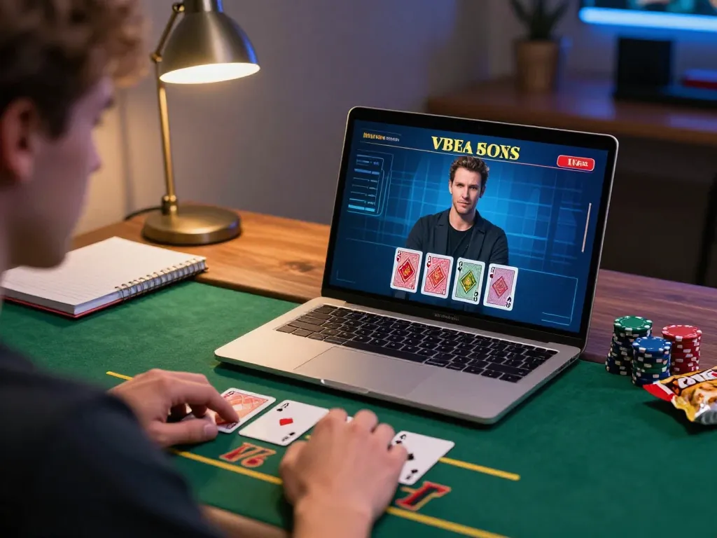 FLY88 player engaging in strategic online blackjack gameplay from home with cozy lighting.
