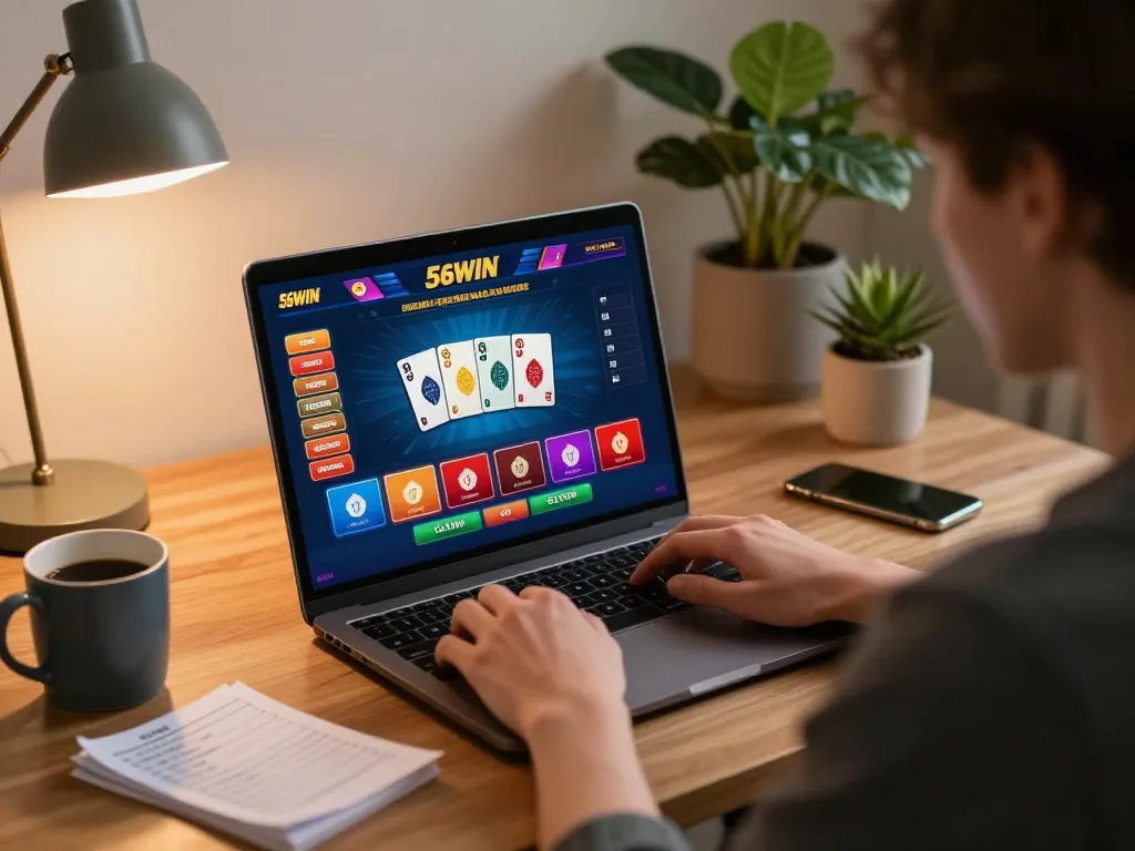 Engaging gameplay on 56WIN's online casino, showcasing a player strategizing in a cozy home setting