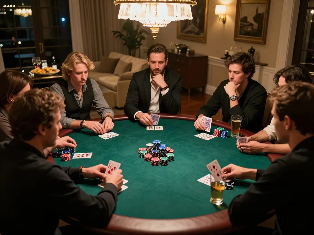 Players engaging in a strategic poker game at home, showcasing VIN88 thrills and excitement in a strategic atmosphere.