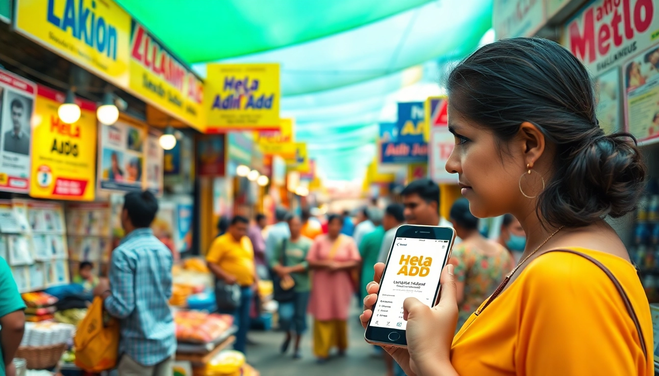 Hela Add user interacting with vibrant marketplace classified ads in Sri Lanka