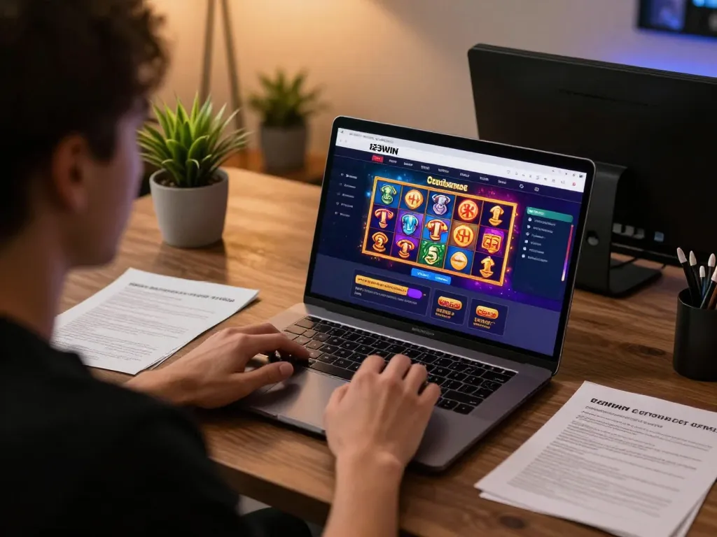 Person engaged in online gaming with 123WIN casino interface on laptop, showcasing strategic gameplay atmosphere.