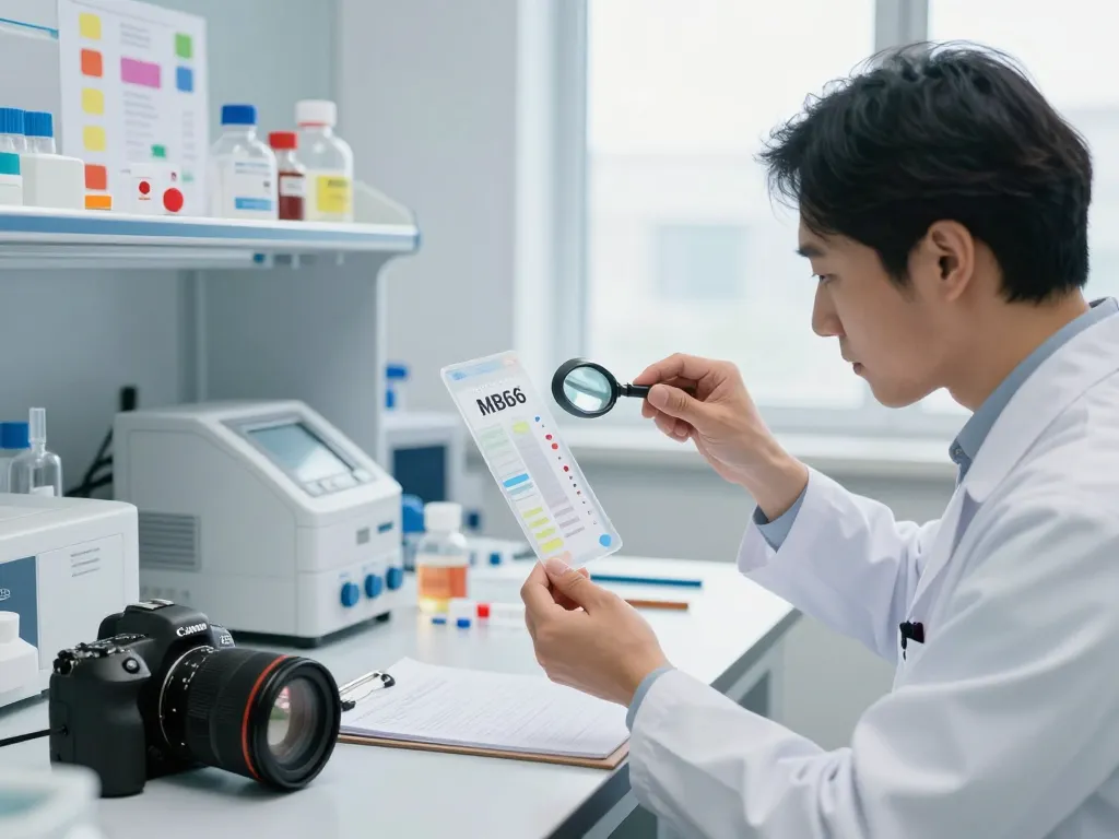 Healthcare professional examining MB66 film in clinical lab environment