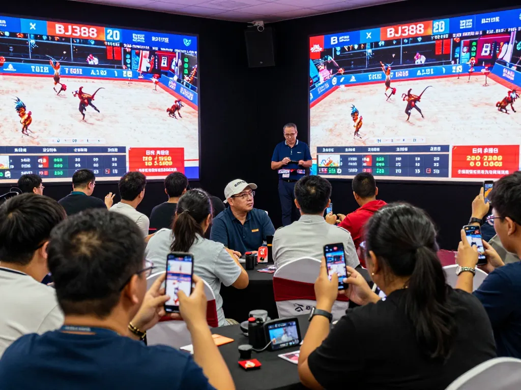 Engaged spectators at BJ388.my's exciting online cockfighting event, showcasing dynamic betting and vibrant atmosphere.