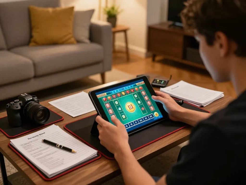 Engaged player reviewing strategies while playing tài xỉu online in a cozy living room.