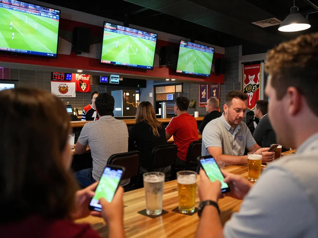 Engaged fans cheering at the Lương Sơn TV sports bar while placing bets on live football matches.