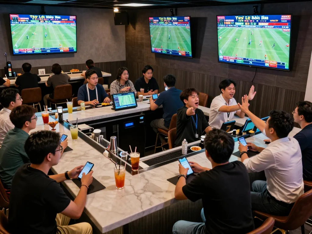 Tỷ Lệ Bóng Đá showcased in a lively sports betting lounge with fans engaging in live games.