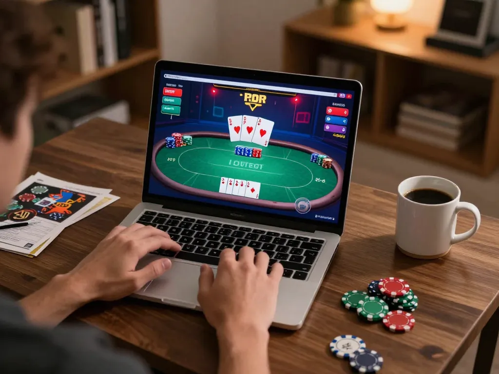 Player engaging in strategic gameplay at 88AA's online poker table interface with vibrant graphics and cozy atmosphere.