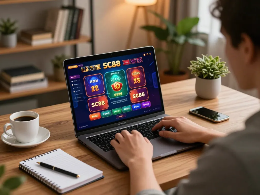 Engaging in online casino gaming at SC88 on a stylish laptop with strategy notes.