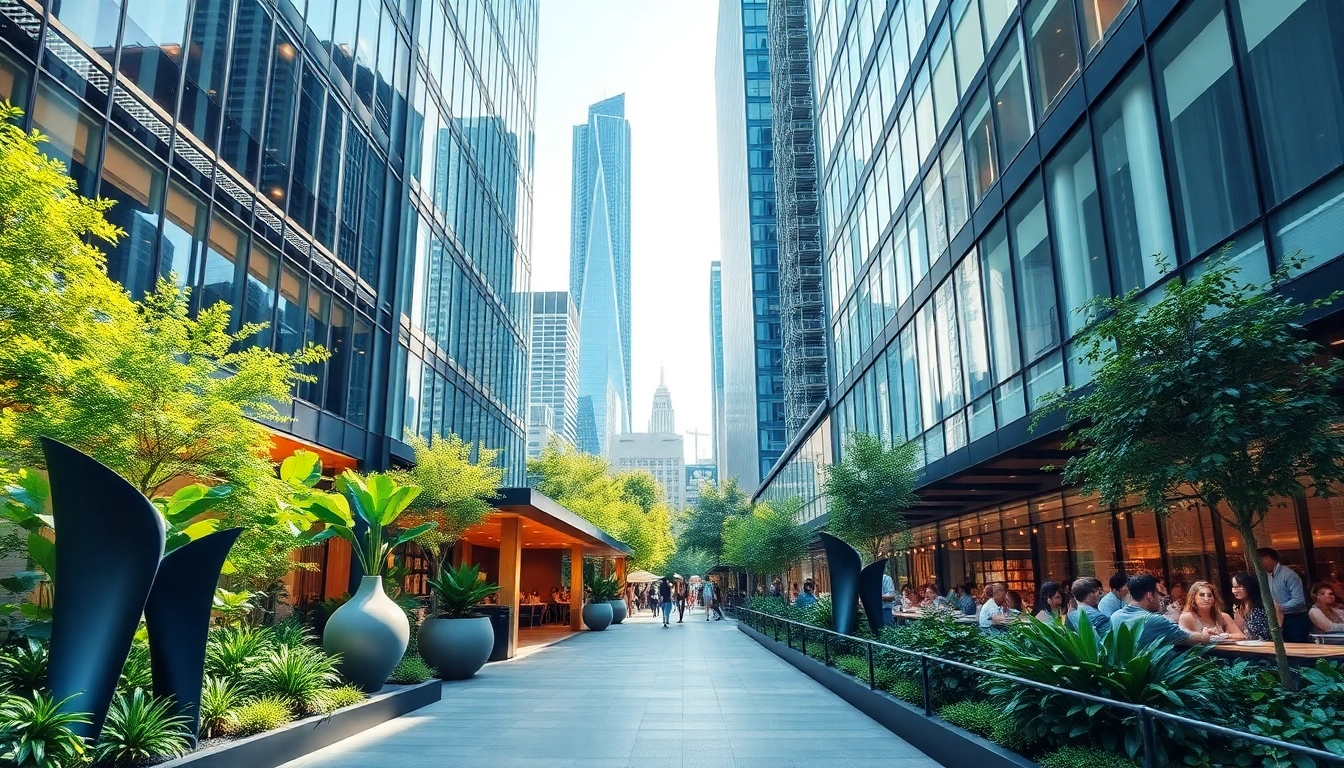 A modern establishment exterior featuring inviting design elements and urban greenery.